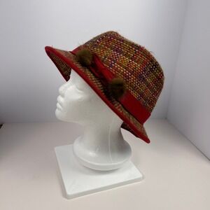 Steve Madden Vintage Cottagecore Womens Tweed Cloche Hat Red Wool Blend
